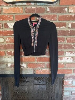 Charlotte Russe Black Cropped Zip Cardigan with Multicolor Sequin Trim